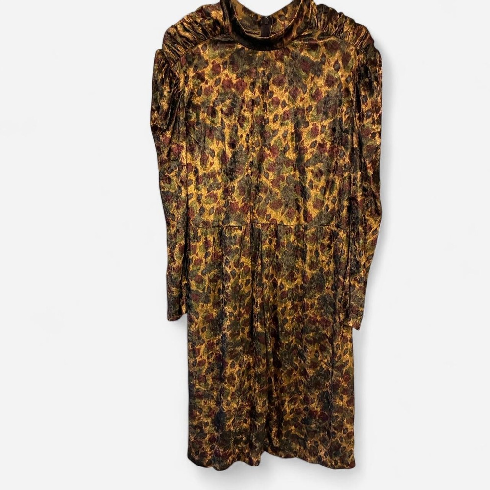 Brown &‎ gold leopard print velvet dress w/ ruffled / cuffed sleeves Sz M